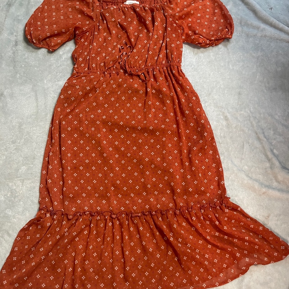 Rust Orange Puff-Sleeve Tiered Midi Dress